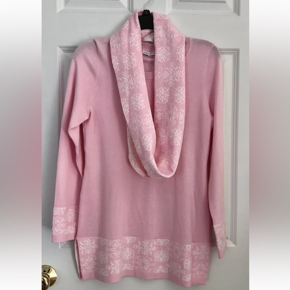 NOTATIONS WOMENS SIZE SMALL PINK/WHITE SWEATER WITH SCARF PULLOVER LONG SLEEVES